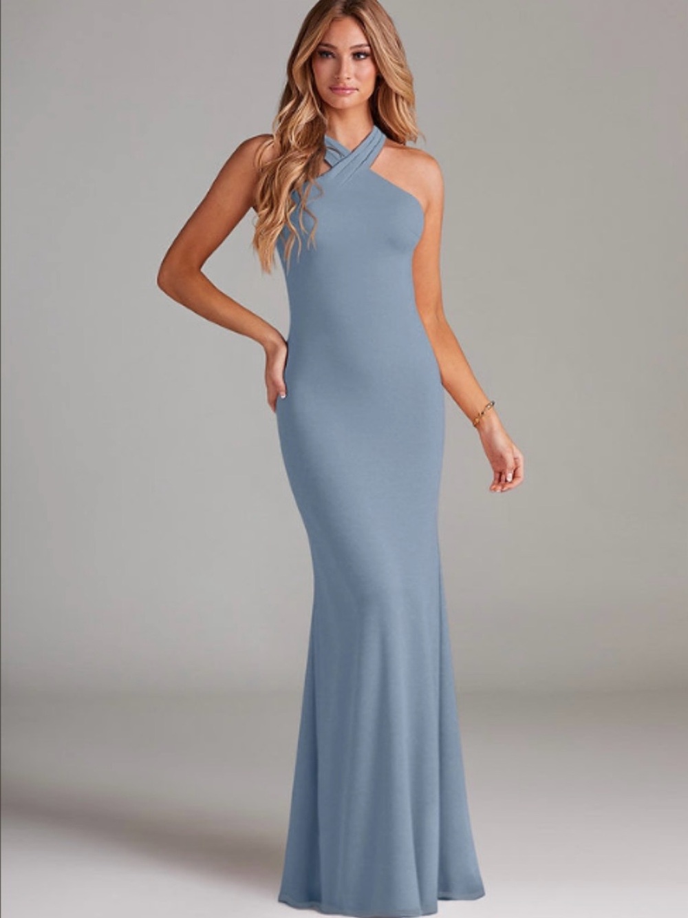 Azazie Sleeveless Cross-Halter Maxi Dress in Dusty Blue